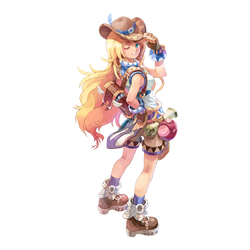 1girl 2000s_(style) backpack bag belt blonde_hair blue_belt blue_eyes blue_socks boots breasts brown_bag brown_footwear brown_gloves cowboy_hat fingerless_gloves from_behind full_body gloves grin hat hat_belt hat_feather hat_tip highres long_hair looking_at_viewer medium_bangs myung-jin_lee official_art one_eye_closed pouch ragnarok_online scroll shirt simple_background small_breasts smile socks solo standing super_novice_(ragnarok_online) tachi-e transparent_background turtleneck_shirt very_long_hair white_shirt