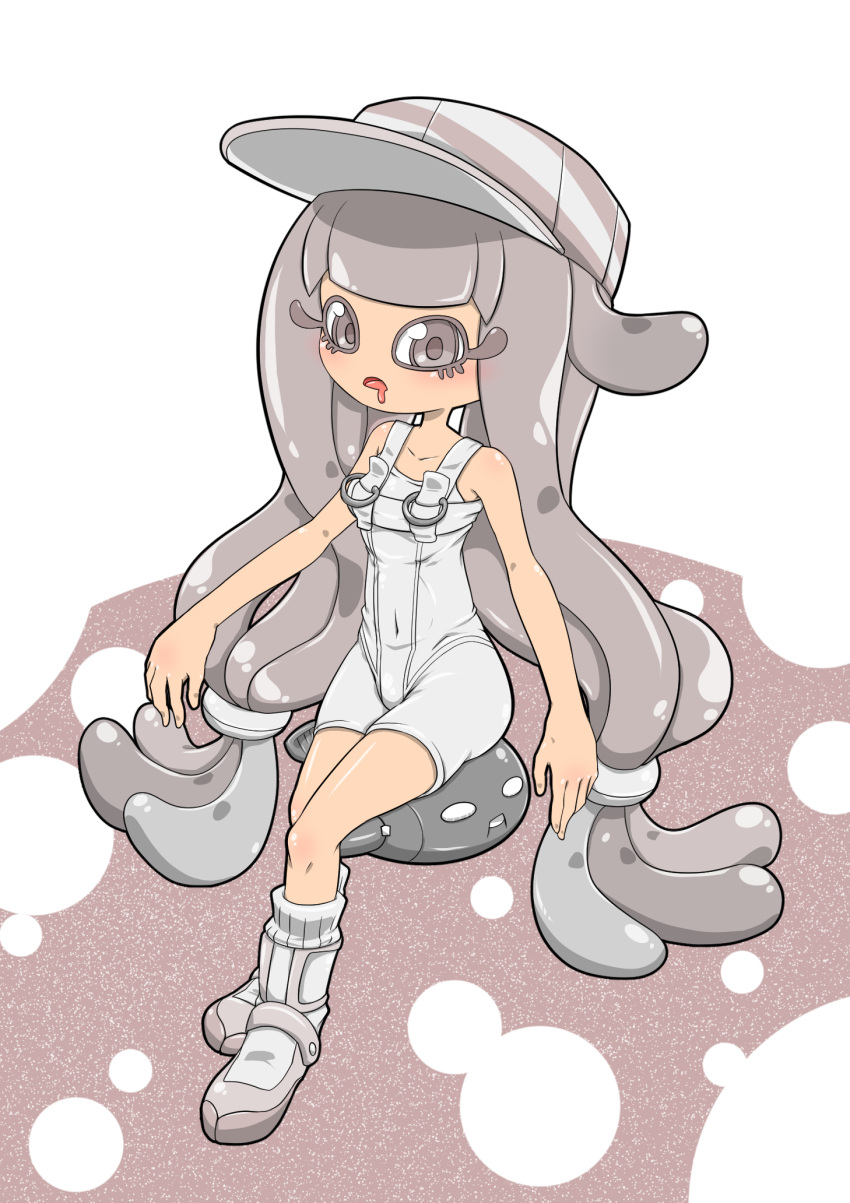 bodysuit grey_eyes grey_hair harmony_(splatoon) hat highres kazamidoririnn splatoon_(series) splatoon_3 splatoon_3:_side_order striped_clothes striped_headwear tentacle_hair white_bodysuit white_footwear