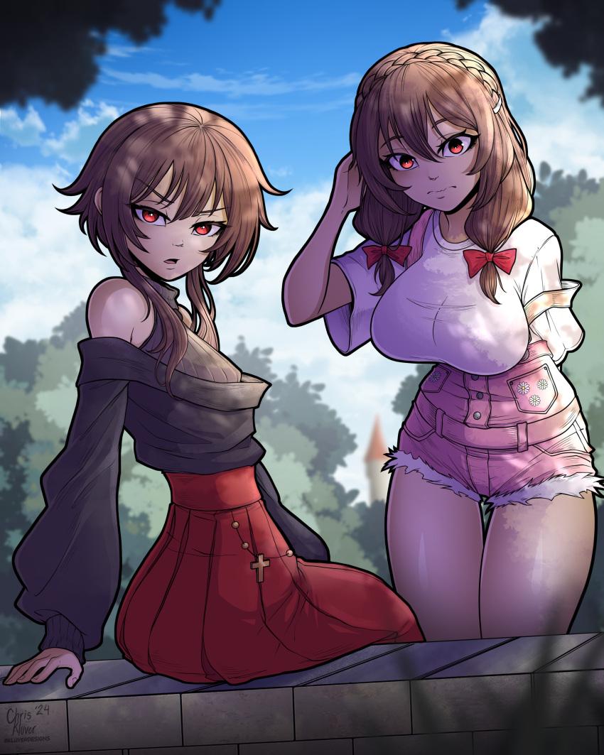 2girls absurdres alternate_costume black_sweater blue_sky blurry blurry_background bow braid breasts brown_hair castle commentary english_commentary forest hair_bow hand_up high-waist_skirt highres kluverdesigns kono_subarashii_sekai_ni_shukufuku_wo! large_breasts long_hair looking_at_viewer megumin multiple_girls nature off-shoulder_sweater off_shoulder outdoors overalls parted_lips pink_overalls red_eyes red_skirt shirt short_hair_with_long_locks short_sleeves sitting skirt sky strap_slip sweater thigh_gap thighs v-shaped_eyebrows white_shirt yunyun_(konosuba)