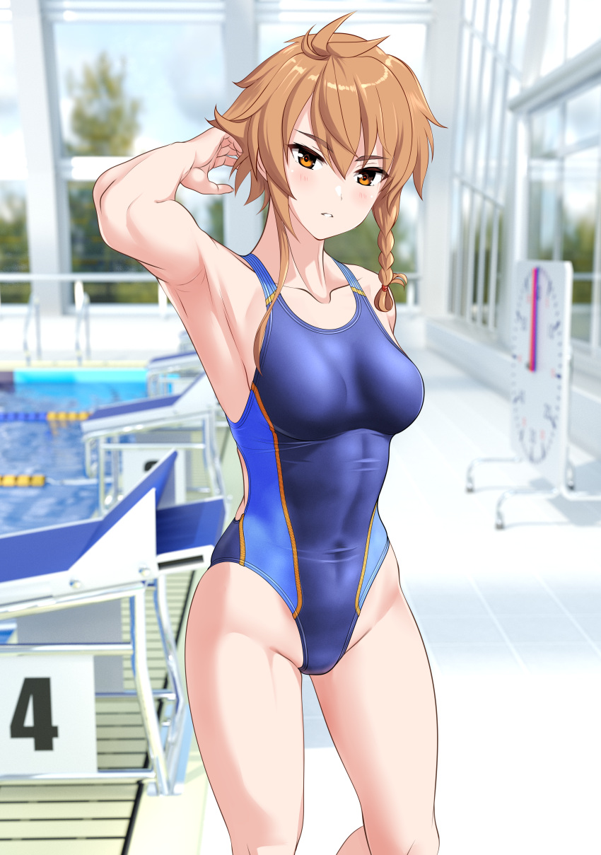 1girl absurdres asymmetrical_sidelocks blue_one-piece_swimsuit braid breasts brown_eyes brown_hair commentary_request competition_swimsuit covered_navel cowboy_shot feet_out_of_frame groin hair_between_eyes highleg highleg_swimsuit highres indoors lane_line light_brown_hair medium_breasts one-piece_swimsuit parted_lips pool poolside shidou_maki_(toji_no_miko) short_hair short_hair_with_long_locks single_braid solo starting_block swimsuit takafumi toji_no_miko tomboy toned two-tone_swimsuit variant_set