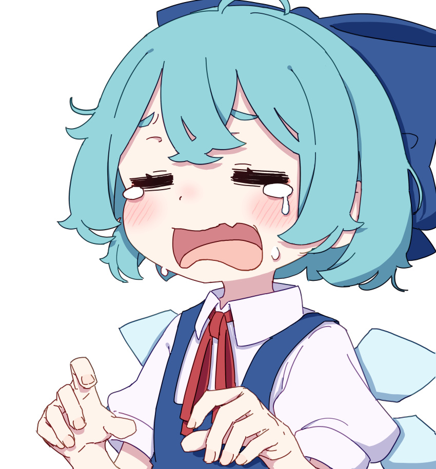 1girl absurdres aqua_hair blue_bow blue_dress blue_hair blush bow cirno closed_eyes collared_shirt crying dress fang hair_between_eyes hair_bow hair_ribbon hands_up hashtag_only_commentary highres ice ice_wings kame_(kamepan44231) neck_ribbon open_mouth puffy_sleeves red_ribbon ribbon shirt short_hair short_sleeves simple_background skin_fang sleeveless sleeveless_dress solo tearing_up tears touhou upper_body white_background white_shirt wings