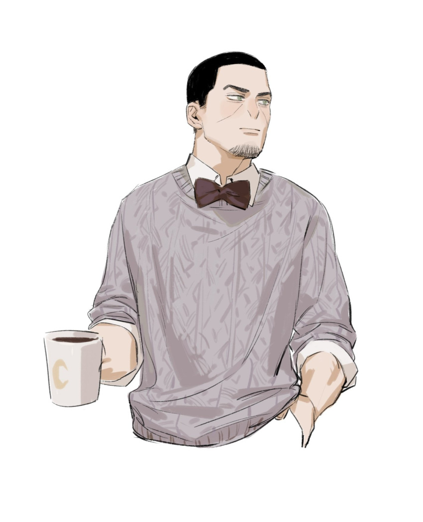 1boy aran_sweater black_hair bow bowtie brown_bow brown_bowtie cable_knit chengongzi123 closed_mouth coffee coffee_mug collared_shirt contemporary crescent cropped_torso cup facial_hair goatee_stubble golden_kamuy green_eyes grey_sweater hand_up highres holding holding_cup looking_to_the_side male_focus mug shirt short_hair simple_background solo stubble sweater tsukishima_hajime very_short_hair white_background