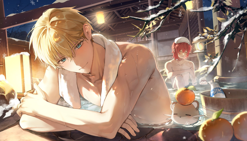 2boys absurdres bishounen blue_eyes blush bottle branch bucket closed_eyes closed_mouth crossed_arms ferret food fruit hair_between_eyes hanasaki_miyabi highres hiyamaru holostars kishido_temma lantern looking_at_viewer milk_bottle multiple_boys night nude onsen orange_(fruit) outdoors partially_submerged red_hair short_hair sitting smile snowflakes snowing steam toned toned_male towel towel_around_neck towel_on_head upper_body virtual_youtuber water_drop wet winter wooden_bucket wooden_lantern yonsang_(swordmaster)