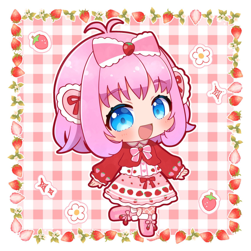 1girl :d amauri_miruki antenna_hair blue_eyes blush boots bow cardigan chibi chii_(chi_pppuri) commentary flower food-themed_hair_ornament food_print full_body hair_bow hair_ornament heart heart_hair_ornament highres long_sleeves looking_at_viewer open_mouth pink_bow pink_footwear pink_hair pink_skirt pretty_series print_skirt red_cardigan shirt shoes short_hair skirt smile solo sparkle standing standing_on_one_leg strawberry_hair_ornament strawberry_print symbol-only_commentary waccha_primagi! white_flower white_shirt