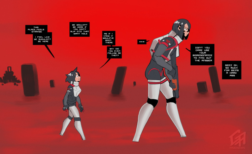 2girls android armor cyberpunk english_text gretarting gun height_difference highres holding holding_gun holding_weapon horror_(theme) kolibri_(signalis) multiple_girls pout pump_action red_theme science_fiction shotgun signalis size_difference spas-12 storch_(signalis) walking weapon