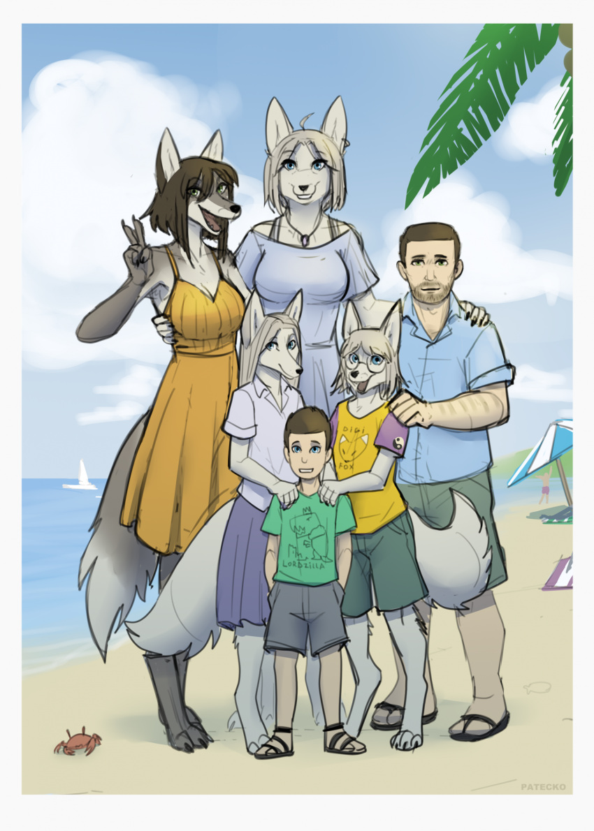2024 anthro beach biped blue_clothing blue_eyes blue_shirt blue_topwear border bottomwear brown_hair canid canine canis clothing digital_media_(artwork) digitigrade dress eyewear family family_photo female footwear gesture glasses green_bottomwear green_clothing green_shorts group hair hand_gesture hand_on_shoulder hi_res human larger_anthro larger_female male mammal outside patecko sandals shirt shorts size_difference smaller_human smaller_male smile topwear v_sign white_border wolf yellow_clothing yellow_dress