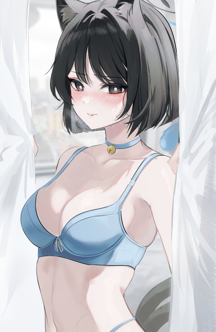 1girl absurdres animal_ears bare_arms bare_shoulders bell black_eyes black_hair blue_archive blue_bra blue_choker blue_halo blush bow bow_bra bra breasts cat_ears cat_girl cat_tail choker closed_mouth collarbone halo highres indoors jaduade jingle_bell kikyou_(blue_archive) looking_at_viewer medium_breasts multiple_tails navel neck_bell short_hair solo tail two_tails underwear underwear_only upper_body