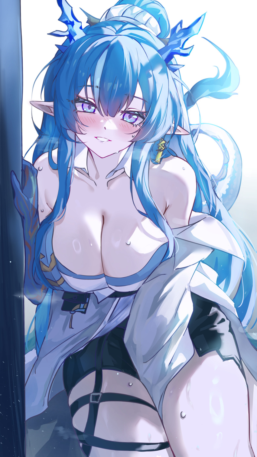 1girl absurdres arknights blue_hair breasts cleavage coat dragon_bubble_(arknights) dragon_girl dragon_horns earrings highres horns jewelry large_breasts ling_(arknights) lolifreak looking_at_viewer multicolored_eyes pointy_ears solo sweat thigh_strap thighs white_coat