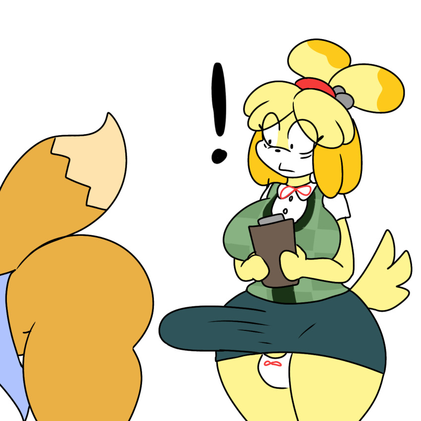 animal_crossing anthro big_butt bottomwear butt canid canine canis clothing domestic_dog duo erection erection_under_skirt female fox gynomorph gynomorph/female hi_res intersex intersex/female isabelle_(animal_crossing) lot_par mammal nintendo skirt thick_thighs