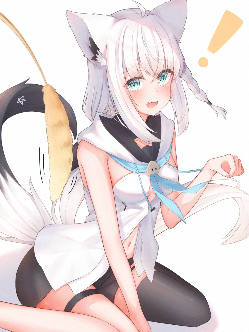 ! 1girl absurdres ahoge akaboshi_natsume animal_ear_fluff animal_ears bare_arms black_shorts black_thighhighs blue_neckerchief blush braid breasts cat_teaser commentary_request earrings fang fox_ears fox_girl fox_tail green_eyes hair_between_eyes highres hololive hood hoodie jewelry long_hair looking_at_viewer midriff navel neckerchief open_mouth paw_pose pentagram shirakami_fubuki shirakami_fubuki_(1st_costume) short_shorts shorts sidelocks simple_background single_braid single_thighhigh sitting skin_fang small_breasts solo tail thigh_strap thighhighs virtual_youtuber wariza white_background white_hair white_hoodie