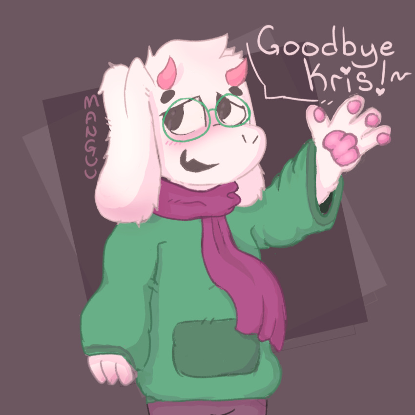 1:1 anthro bottomwear bovid caprine clothing deltarune fur goat green_clothing green_hoodie green_topwear hi_res hoodie horn male mammal manguuslushee pawpads pink_horn pink_pawpads purple_bottomwear purple_clothing purple_scarf purple_shorts ralsei scarf shorts solo speech_bubble tagme topwear undertale_(series) white_body white_fur