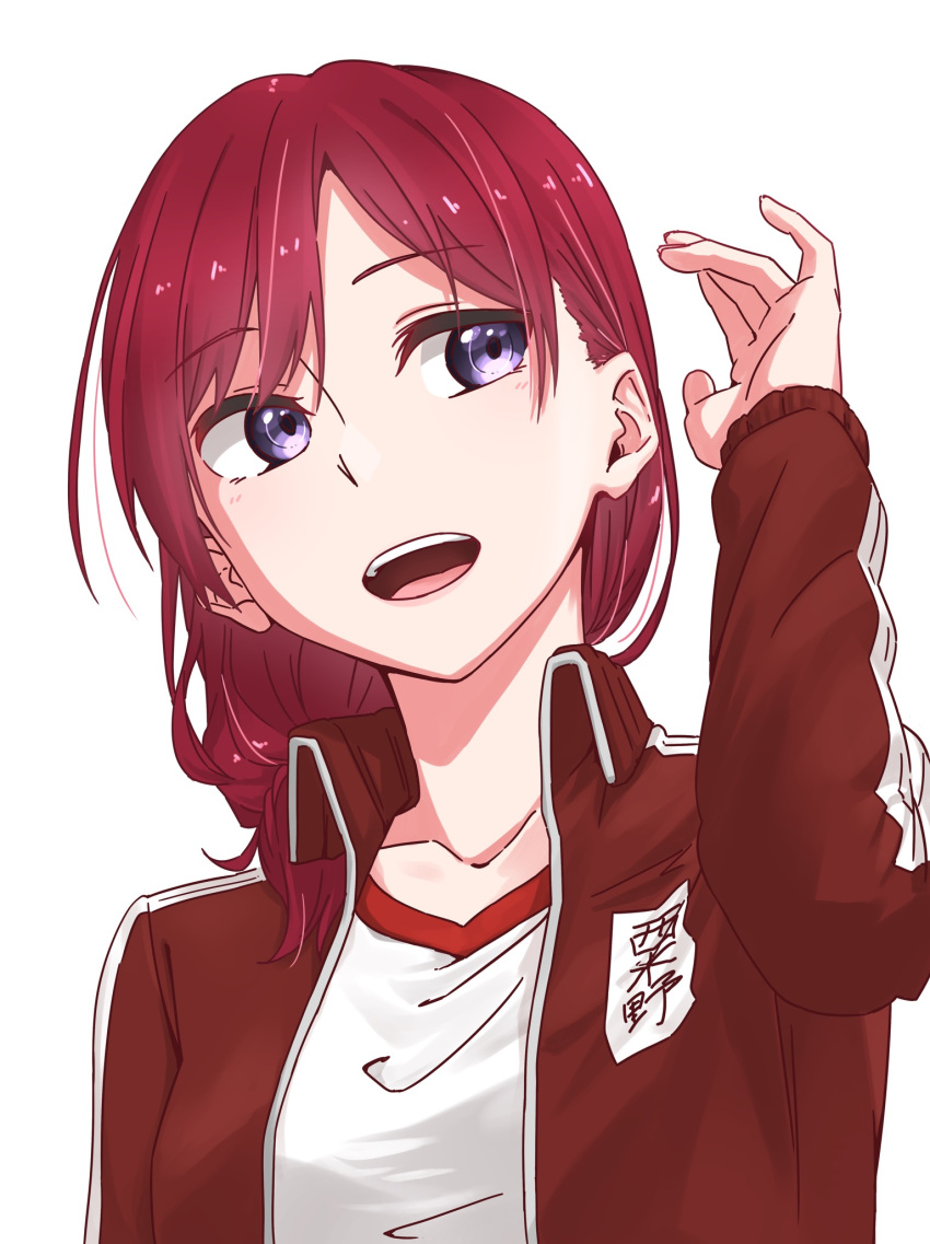 1girl collarbone commentary_request hand_up highres jacket long_sleeves looking_to_the_side love_live! love_live!_school_idol_project medium_hair nishikino_maki open_clothes open_jacket open_mouth purple_eyes red_hair red_jacket s_sho_mkrn shirt solo teeth upper_body upper_teeth_only white_background white_shirt