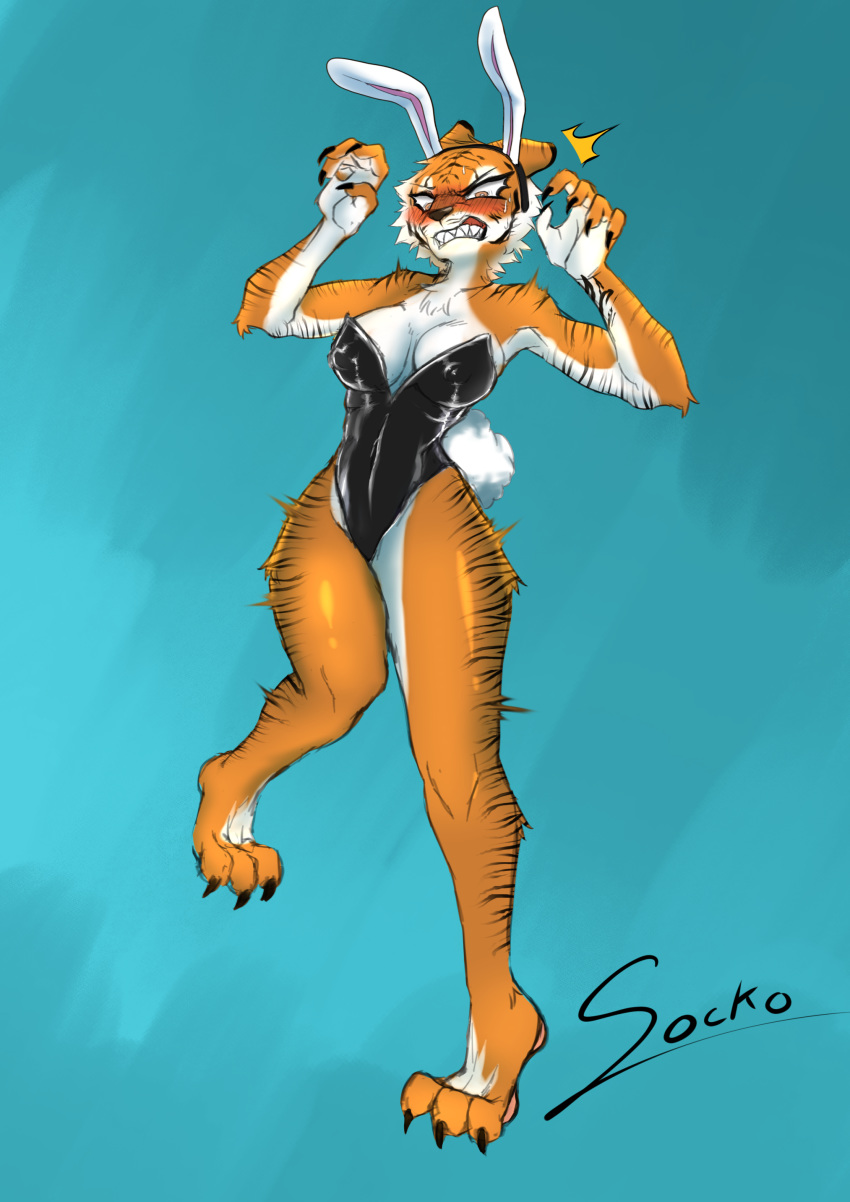 absurd_res angry anthro blush breasts bunny_costume clothed clothing costume felid female fur hi_res mammal nipples pantherine sockodrawing solo tiger