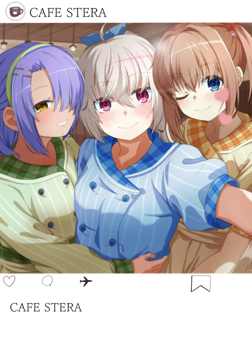 3girls ;) absurdres akizuki_kanna alternate_eye_color blue_eyes blue_ribbon blue_shirt blush cafe_stella_to_shinigami_no_chou closed_mouth commentary_request crossed_bangs ears_visible_through_hair green_hairband green_shirt grin hair_between_eyes hair_intakes hair_ornament hair_over_one_eye hair_ribbon hairband hairclip haribo_no_suke heart highres hiuchidani_mei hug long_bangs looking_at_viewer medium_hair multiple_girls one_eye_closed one_eye_covered orange_hair orange_shirt photo_(object) plaid_collar puffy_short_sleeves puffy_sleeves purple_eyes purple_hair ribbon selfie shirt short_hair short_sleeves smile split_mouth striped_clothes striped_shirt sumizome_nozomi upper_body vertical-striped_clothes vertical-striped_shirt waitress yellow_eyes