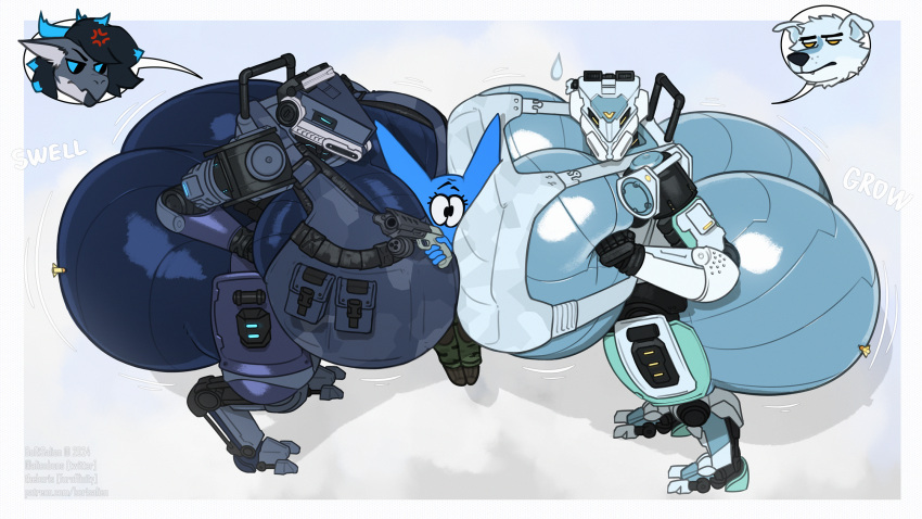 ambiguous_gender annoyed_expression anthro armor big_breasts big_butt blue_body boris_(theboris) borisalien breast_expansion breast_squish breasts breasts_frottage butt butt_expansion expansion female female/female group hi_res huge_breasts huge_butt huge_hips humanoid inflation machine metal metallic_body robot spectre_(titanfall) squish titanfall trio wide_hips