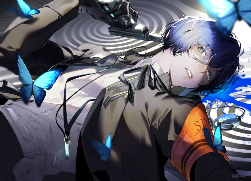 1boy 8koenji armband artist_name belt belt_buckle black_gloves black_ribbon blood blood_splatter blue_blood blue_butterfly blue_hair buckle bug butterfly collared_shirt digital_media_player evoker film_grain gloves gun_to_head hair_between_eyes highres holster jacket long_sleeves lying male_focus neck_ribbon on_back open_clothes open_jacket parted_lips persona persona_3 persona_3_reload red_armband ribbon shirt short_hair solo twitter_username white_belt white_shirt wing_collar yuuki_makoto_(persona_3)