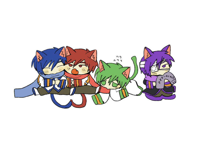 4boys akaito animal_ears bandaged_head bandages black_coat blue_hair blue_scarf blush_stickers brothers brown_pants cat_boy cat_ears cat_tail cheek-to-cheek chibi closed_eyes coat commentary_request eyepatch fang flying_sweatdrops full_body fuyuno_(ramentaro23) green_eyes green_hair heads_together highres holding holding_clothes holding_scarf kaito_(vocaloid) kemonomimi_mode kneeling lineup looking_at_another lying male_focus multicolored_coat multiple_boys nigaito on_stomach open_mouth own_hands_together pants purple_eyes purple_hair purple_scarf red_coat red_eyes red_hair red_scarf scarf shoes short_hair siblings simple_background sitting skin_fang tail taito_(vocaloid) translation_request very_long_sleeves vocaloid white_background white_coat white_footwear