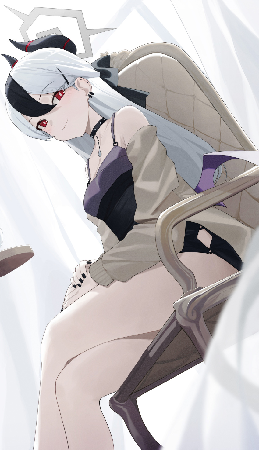 1girl absurdres bare_legs black_choker black_dress black_hair black_nails blue_archive choker closed_mouth crossed_legs dress ear_piercing feet_out_of_frame from_below grey_hair hair_behind_ear halo hand_on_own_thigh highres horns jacket kayoko_(blue_archive) kayoko_(dress)_(blue_archive) long_sleeves low_wings multicolored_hair open_clothes open_jacket piercing red_eyes short_dress sitting sleeveless sleeveless_dress solo streaked_hair wings zhihuigugudegezi