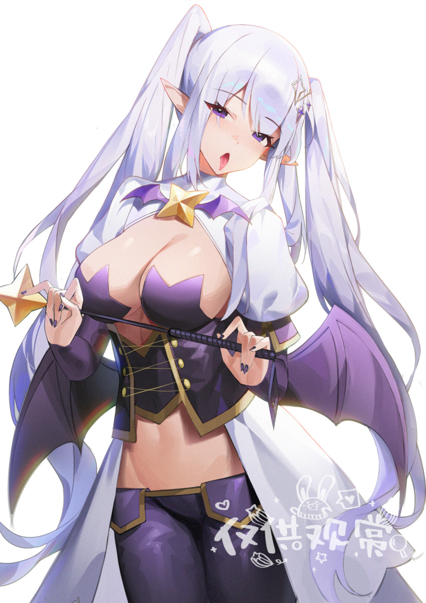 1girl blue_hair blush breasts chinese_commentary cleavage cosplay hair_ornament henz highres holding holding_wand looking_at_viewer magia_baiser magia_baiser_(cosplay) mahou_shoujo_ni_akogarete midriff open_mouth original pasties pointy_ears purple_eyes purple_nails shrug_(clothing) simple_background solo tongue tongue_out twintails wand white_background wings