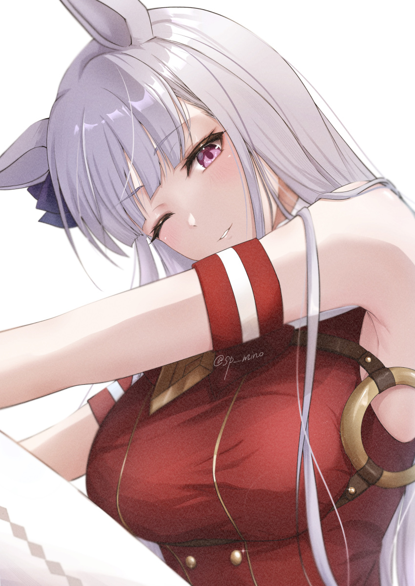 1girl absurdres animal_ears armband armpits bare_shoulders blunt_bangs blush bow breasts buttons commentary_request double-breasted dress ear_bow gloves gold_ship_(umamusume) grin highres hime_cut horse_ears horse_girl large_breasts long_hair looking_at_viewer mino_(mii_mt) no_headwear one_eye_closed purple_bow purple_eyes red_dress simple_background sleeveless sleeveless_dress smile solo twitter_username umamusume upper_body white_background white_gloves