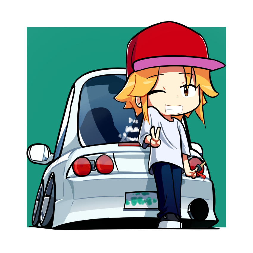 1girl absurdres baseball_cap black_footwear blonde_hair blue_pants car_keys duz english_commentary green_background hat highres looking_at_viewer nissan nissan_skyline nissan_skyline_r33 one_eye_closed original pants red_headwear shadow shoes short_hair smile sneakers solo stance_(vehicle) v vehicle_focus