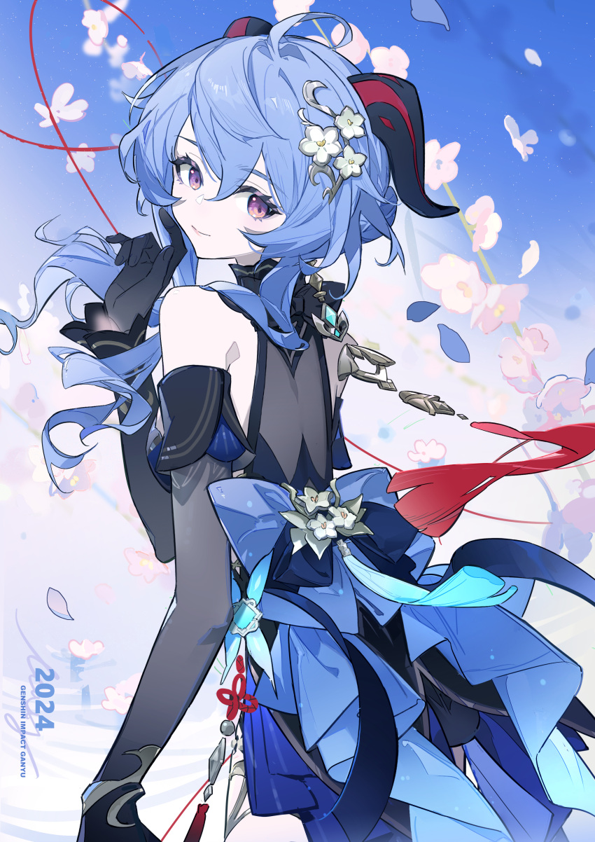 1girl 2024 absurdres ahoge back_bow bare_shoulders black_dress black_gloves black_sleeves blue_dress blue_hair bow character_name closed_mouth commentary_request copyright_name cowboy_shot detached_sleeves dress flower from_behind ganyu_(genshin_impact) ganyu_(twilight_blossom)_(genshin_impact) genshin_impact gloves goat_horns hand_up highres horns long_hair looking_at_viewer looking_back multicolored_clothes multicolored_dress official_alternate_costume pink_flower purple_eyes shiliudoudou568 sleeveless sleeveless_dress smile solo tassel