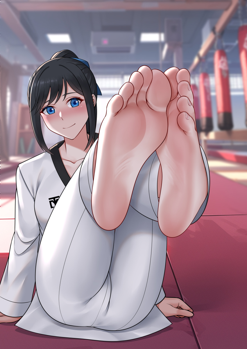 1girl absurdres barefoot black_hair blue_eyes blue_ribbon blurry blurry_background blush ceiling chain chinese_commentary collarbone commentary commission day dougi feet feet_up foot_focus greek_toe gym highres long_bangs long_sleeves mat oirin on_floor original pale_skin pixiv_commission ponytail punching_bag ribbon shelf smile soles solo sunlight sweat taekwondo toenails toes