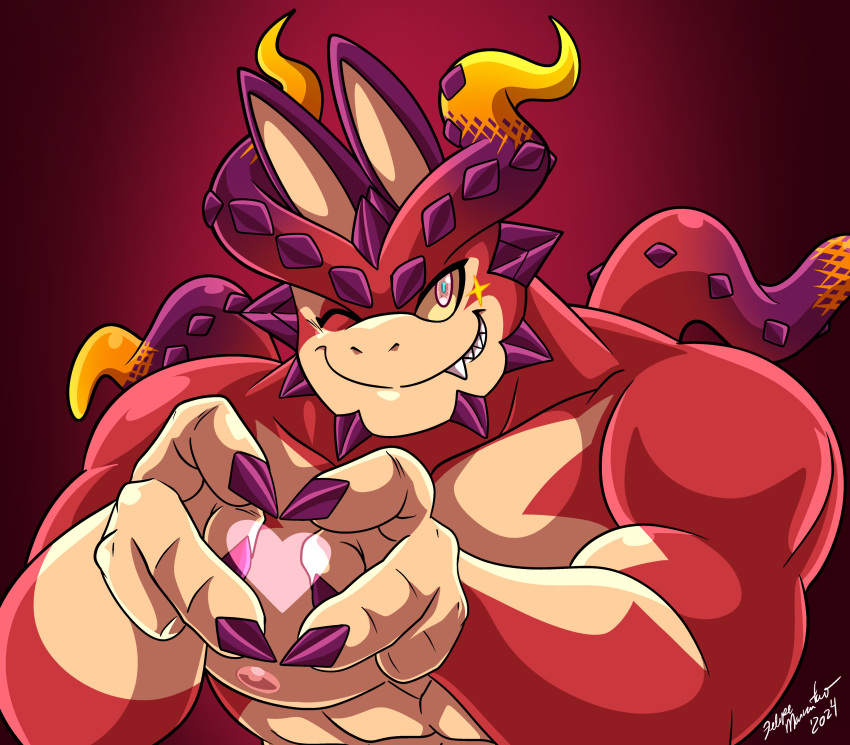 absurd_res anthro clothed clothing colored_nails cthugha_(tas) dragon heart_symbol hi_res lifewonders male muscular muscular_anthro mythological_creature mythological_scalie mythology nails nipples one_eye_closed pecs red_body scalie solo tentacles tokyo_afterschool_summoners topless wink xdragoon yellow_sclera