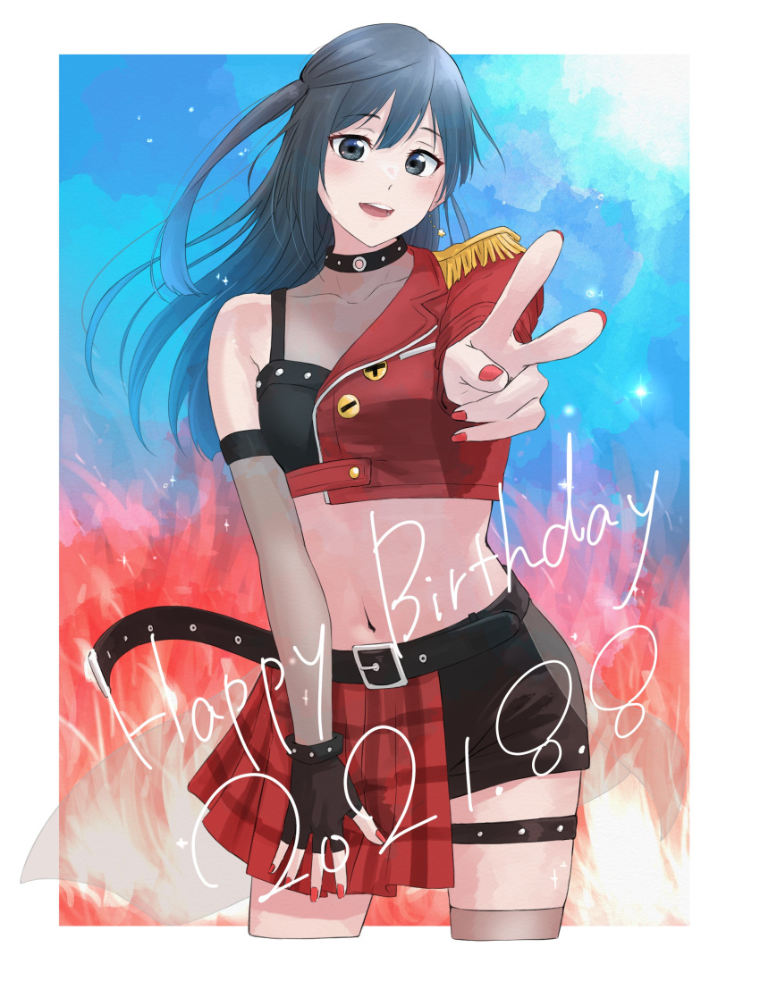 1girl absurdres asymmetrical_sleeves black_gloves black_hair black_shorts border collarbone commentary_request cropped_jacket cropped_legs dated fingerless_gloves gloves gradient_background grey_eyes grey_thighhighs hair_between_eyes half-skirt happy_birthday highres jacket long_hair looking_at_viewer love_live! love_live!_nijigasaki_high_school_idol_club midriff navel one_side_up open_mouth outside_border plaid plaid_skirt red_jacket red_nails red_skirt s_sho_mkrn shorts sidelocks single_glove skirt solo standing thigh_strap thighhighs v white_border yuki_setsuna_(love_live!)