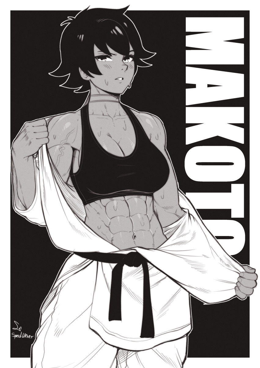 abs absurdres bare_shoulders belt black_background black_belt black_hair black_sports_bra border breasts character_name choker cleavage collarbone detailed_knuckles dougi fingernails greyscale highres light_blush looking_at_viewer makoto_(street_fighter) medium_breasts monochrome muscular muscular_female parted_lips short_hair signature speedl00ver sports_bra street_fighter street_fighter_iii_(series) sweat tomboy veins veiny_arms white_border