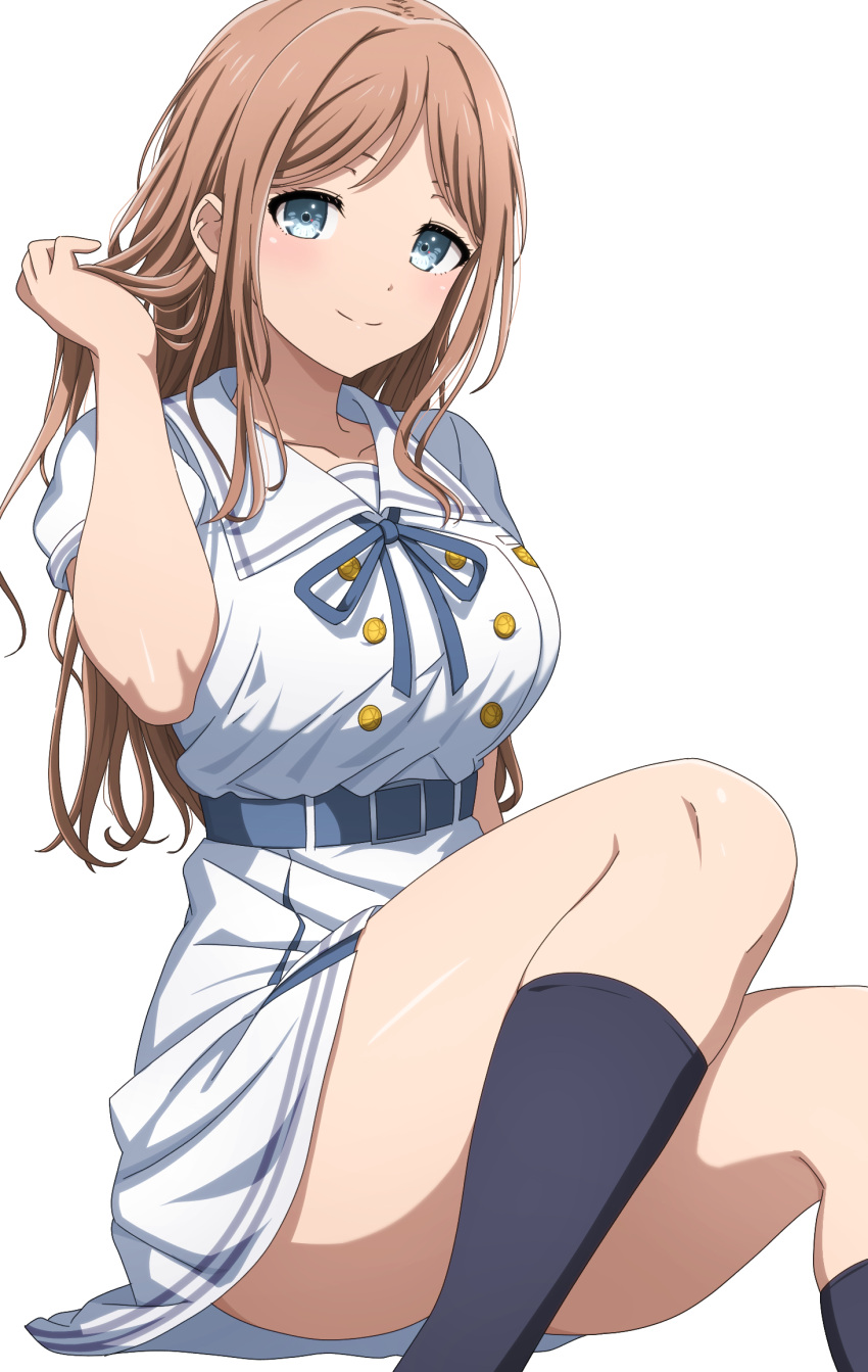 1girl arm_at_side bang_dream! bang_dream!_it's_mygo!!!!! belt belt_buckle black_socks blue_belt blue_eyes blue_ribbon breasts brown_hair buckle buttons closed_mouth collarbone commentary convenient_leg double-breasted dress feet_out_of_frame hair_lift hand_up high_belt highres kneehighs knees_up large_breasts light_smile long_hair nagasaki_soyo neck_ribbon noshimurin parted_bangs ribbon sailor_collar school_uniform serafuku short_sleeves sidelocks simple_background sitting smile socks solo thighs tsukinomori_school_uniform wavy_hair white_background white_dress white_sailor_collar