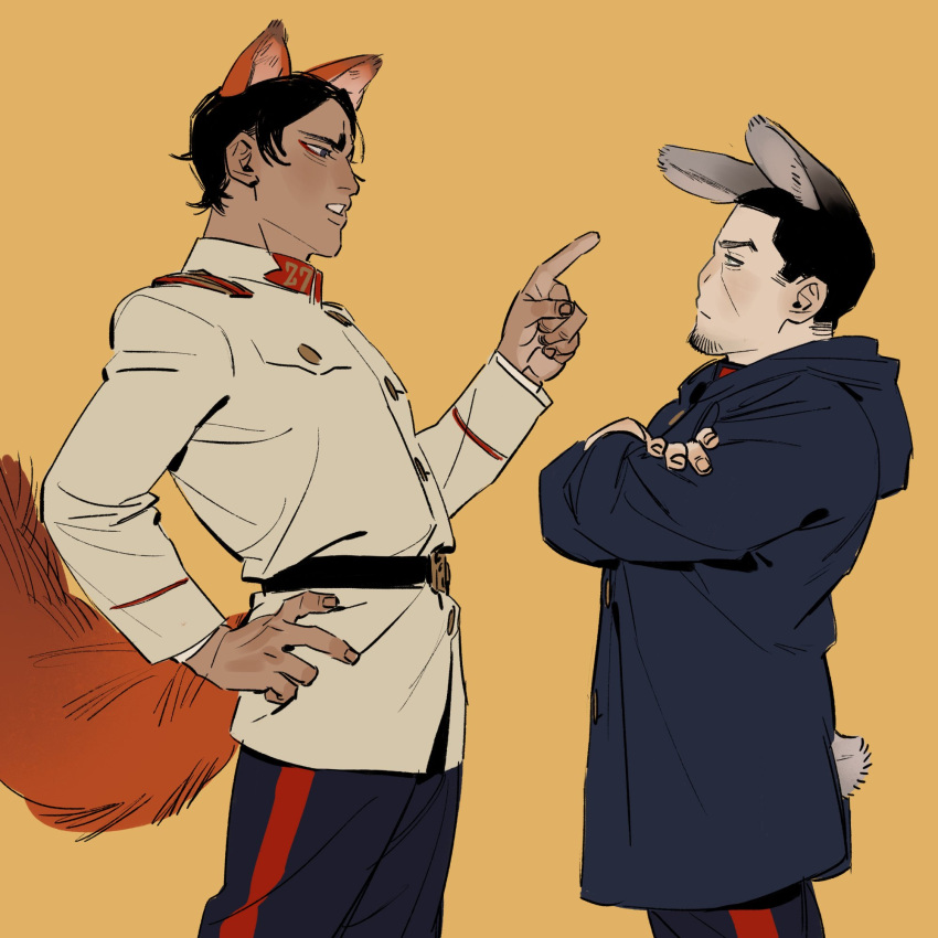 2boys animal_ears black_eyes black_hair black_pants brown_jacket chengongzi123 closed_mouth cowboy_shot crossed_arms dark-skinned_male dark_skin facial_hair fox_boy fox_ears fox_tail goatee_stubble golden_kamuy hand_on_own_hip hand_up highres hood hooded_jacket index_finger_raised jacket kemonomimi_mode koito_otonoshin light-skinned_palms long_sleeves looking_to_the_side male_focus military_uniform multiple_boys pants rabbit_boy rabbit_ears rabbit_tail short_hair simple_background standing stubble tail tsukishima_hajime uniform very_short_hair yellow_background