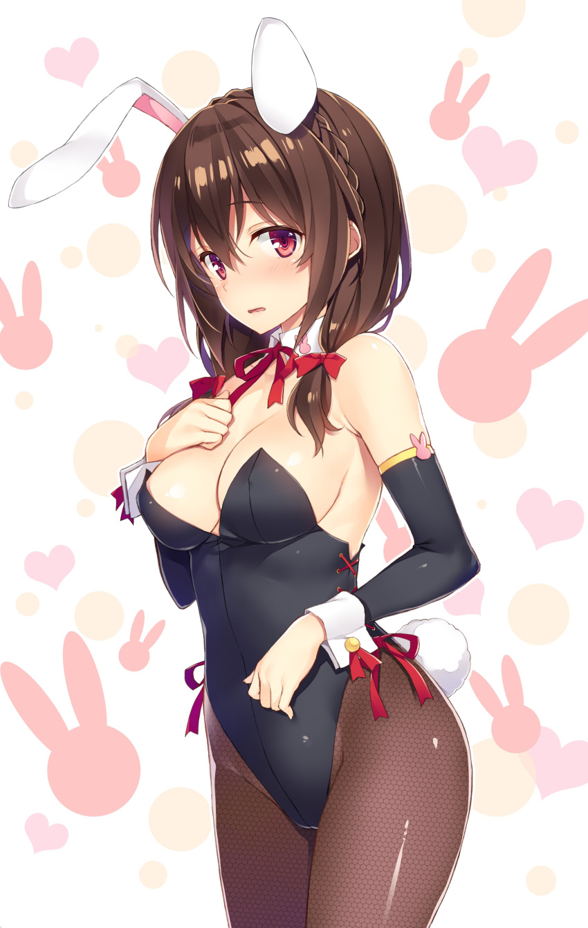 1girl absurdres animal_ears bangs bare_shoulders black_leotard blush bow braid breasts brown_hair bunny_day bunny_ears bunny_tail bunnysuit cleavage commentary_request detached_collar eyebrows_visible_through_hair fake_animal_ears hand_on_own_chest hand_up highleg highleg_leotard highres kono_subarashii_sekai_ni_shukufuku_wo! leotard looking_at_viewer medium_breasts official_art open_mouth pantyhose red_bow red_eyes shiny shiny_clothes shiny_hair shiny_skin simple_background solo tail tied_hair wrist_cuffs yunyun_(konosuba) yuuki_hagure