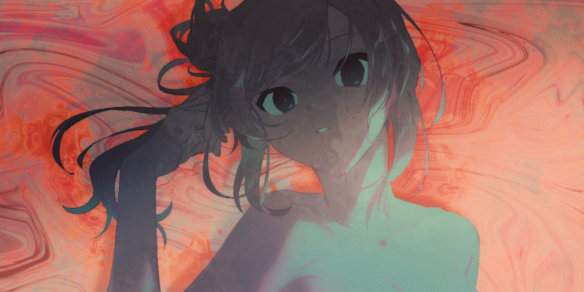 1girl abstract_background blank_(935115) breasts cevio commentary completely_nude distortion expressionless hair_bun hand_up head_tilt large_breasts long_hair looking_at_viewer nude out-of-frame_censoring parted_lips pink_background satou_sasara side_ponytail sidelighting sidelocks single_side_bun solo upper_body