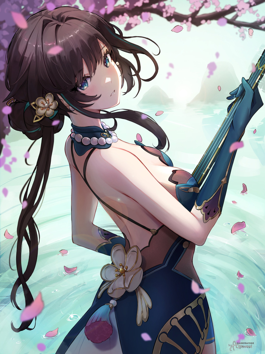 1girl absurdres aqua_eyes artezahn bare_shoulders bead_necklace beads black_hair blue_dress blue_gloves breasts cherry_blossoms commentary dress gloves hair_intakes highres holding holding_instrument honkai:_star_rail honkai_(series) instrument jewelry long_hair looking_at_viewer medium_breasts necklace parted_lips petals ruan_mei_(honkai:_star_rail) solo upper_body
