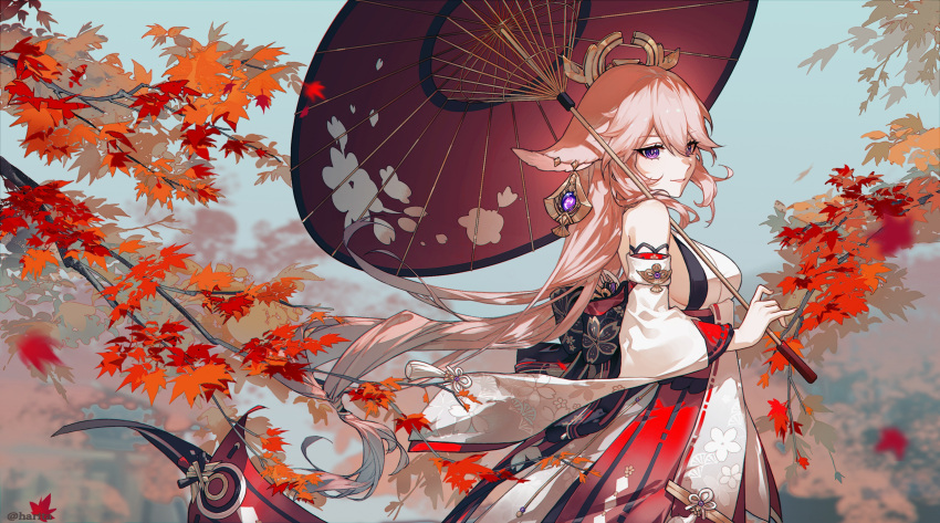 1girl absurdres autumn_leaves bare_shoulders breasts cowboy_shot detached_sleeves earrings floppy_ears floral_print from_side genshin_impact highres holding holding_umbrella jewelry leaf long_hair maple_leaf oil-paper_umbrella outdoors parted_lips pink_hair purple_eyes red_skirt red_umbrella shirt sideboob skirt sleeveless sleeveless_shirt solo tassel tree umbrella very_long_hair white_shirt white_sleeves yae_miko zhaoshao_wan_harita