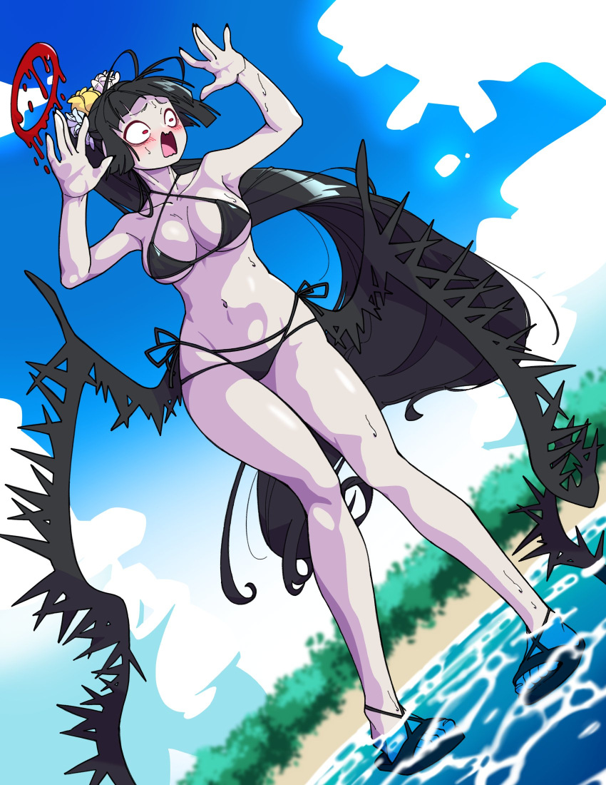 1bell1_1bell1 1girl antenna_hair arms_up bare_shoulders beach bikini black_bikini black_footwear black_hair black_wings blood_halo blue_archive blue_sky blush breasts colored_skin criss-cross_halter embarrassed flower full_body hair_flower hair_ornament halo halterneck highres long_hair medium_breasts melting_halo midriff official_alternate_costume open_mouth red_eyes red_halo sandals side-tie_bikini_bottom sky solo sweat swimsuit tsurugi_(blue_archive) tsurugi_(swimsuit)_(blue_archive) wading white_skin wings