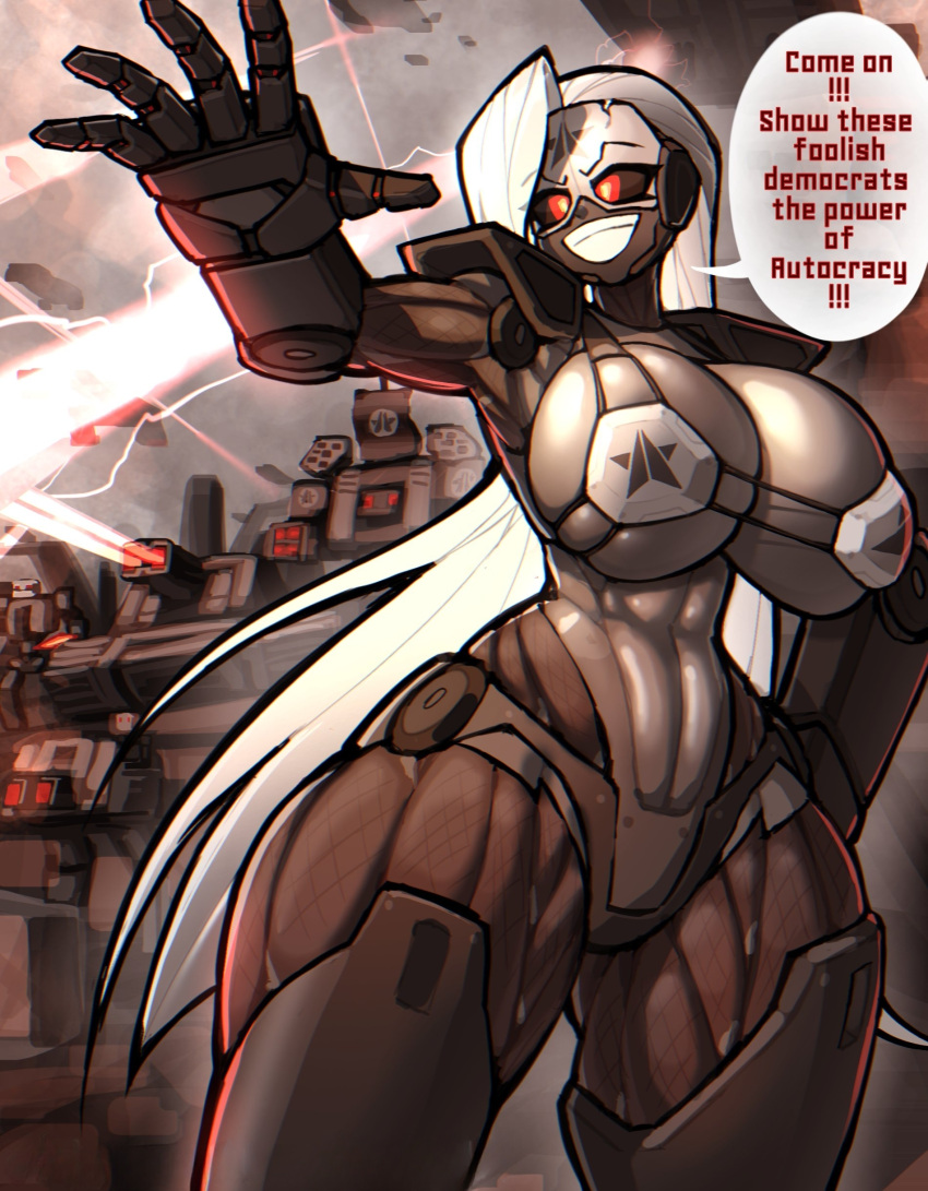 1girl abs absurdres breasts commentary hado_(zzzhadozzz) helldivers_(series) highres large_breasts long_hair robot robot_girl thick_thighs thighs white_hair