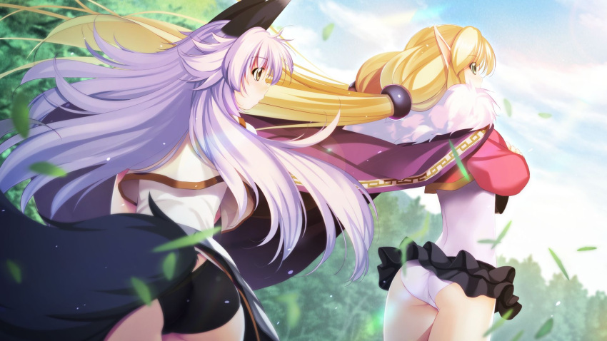 2girls animal_ears arm_hug ass atelier-moo blonde_hair cloak cowboy_shot elf from_side green_eyes grey_eyes hair_between_eyes highres long_hair long_pointy_ears mana(our_battle_has_just_begun!) miniskirt multiple_girls narrow_waist nature our_battle_has_just_begun! pointy_ears purple_hair skinny skirt standing synsya tail thighs twintails very_long_hair wolf_ears wolf_tail