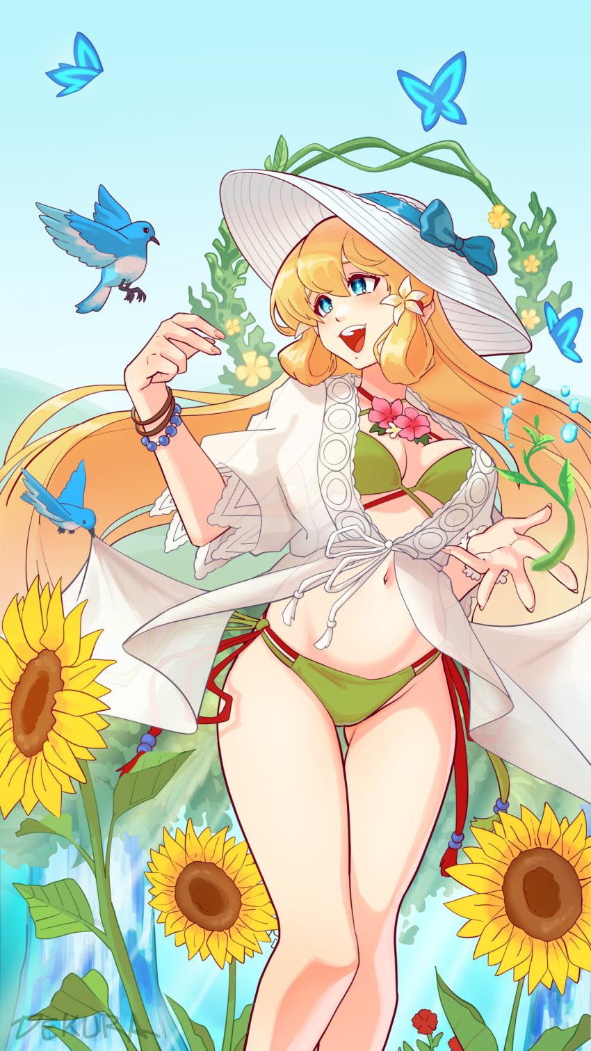 1girl absurdres ass_visible_through_thighs bikini bird blue_bird dekura fire_emblem fire_emblem_heroes flower green_bikini hat highres official_alternate_costume solo sun_hat sunflower swimsuit ymir_(fire_emblem_heroes) ymir_(summer)_(fire_emblem_heroes)