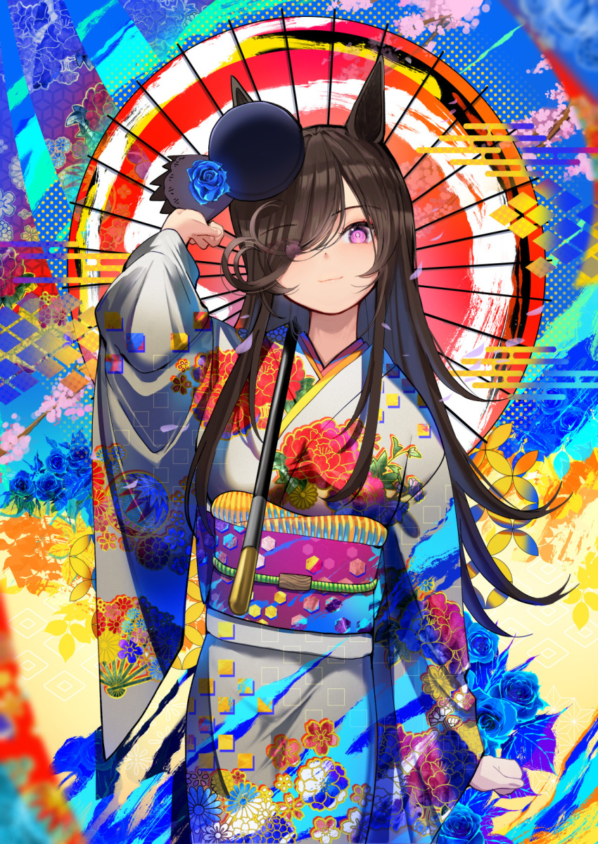 1girl animal_ears blue_flower blue_rose brown_hair floral_print flower hair_ornament hair_over_one_eye hat hat_flower highres holding holding_umbrella horse_ears horse_girl japanese_clothes kimono long_hair long_sleeves looking_at_viewer print_kimono purple_eyes red_umbrella rice_shower_(umamusume) rose smile solo tilted_headwear umamusume umbrella wide_sleeves yomean!