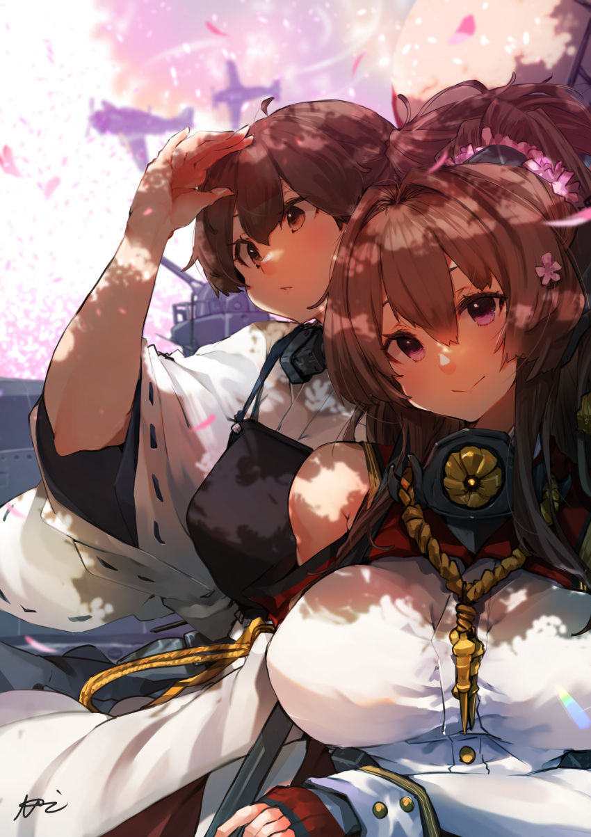 2girls aircraft bare_shoulders blush breasts brown_eyes brown_hair cherry_blossoms flower hair_between_eyes headgear highres japanese_clothes kaga_(kancolle) kantai_collection large_breasts long_hair looking_at_viewer multiple_girls muneate petals pink_eyes pink_flower ponytail signature smile sunday_aki upper_body wide_sleeves yamato_(kancolle)