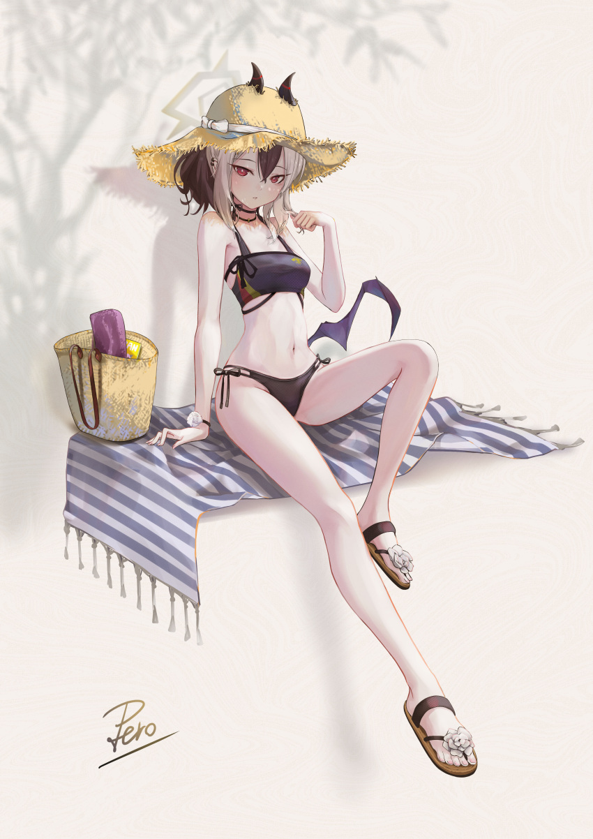 1girl absurdres alternate_costume arm_support bag bare_arms bare_shoulders beach_towel bikini black_bikini black_hair blue_archive breasts bright_pupils choker commentary_request ear_piercing flip-flops foot_out_of_frame full_body hair_between_eyes hand_up hat highres horns horns_through_headwear kayoko_(blue_archive) looking_at_viewer low_wings medium_hair multicolored_hair navel no_socks parted_lips partial_commentary peropicnic piercing pom_pom_(clothes) red_eyes sandals shadow side-tie_bikini_bottom sidelocks signature single_wing sitting small_breasts solo stomach straw_hat swimsuit toes towel two-tone_hair white_hair white_pupils wings