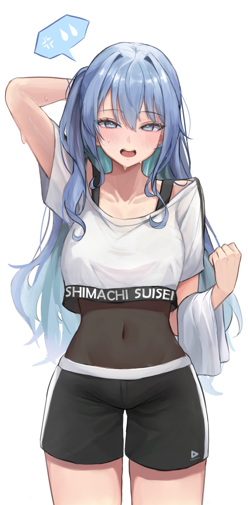 1girl :d absurdres anger_vein aqua_hair arm_up bare_shoulders black_leotard black_shorts blue_eyes blue_hair blush collarbone colored_inner_hair covered_navel cowboy_shot crop_top crop_top_overhang cropped_shirt gym_shorts hair_between_eyes hair_intakes hand_in_own_hair hand_up highres hoangryu hololive hoshimachi_suisei legs_apart leotard looking_at_viewer multicolored_hair off_shoulder open_mouth shirt shorts simple_background smile solo spoken_anger_vein spoken_sweatdrop straight-on sweat sweatdrop teeth thighs towel_on_arm upper_teeth_only virtual_youtuber white_background white_shirt