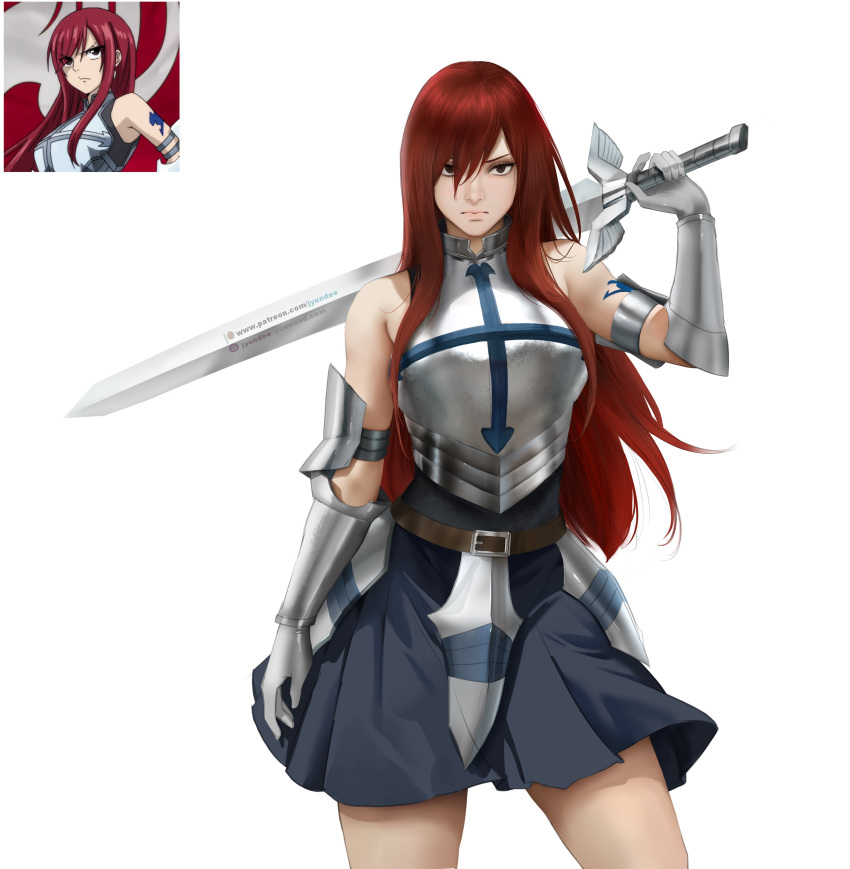 1girl absurdres arm_tattoo armor armored_dress bare_shoulders belt belt_buckle blue_skirt breastplate brown_eyes buckle closed_mouth cowboy_shot erza_scarlet eyelashes fairy_tail frown gauntlets guard hair_over_one_eye highres holding holding_sword holding_weapon jyundee lips long_hair looking_at_viewer multiple_views over_shoulder pleated_skirt red_hair skirt sword sword_over_shoulder tattoo thighs v-shaped_eyebrows vambraces weapon weapon_over_shoulder white_background