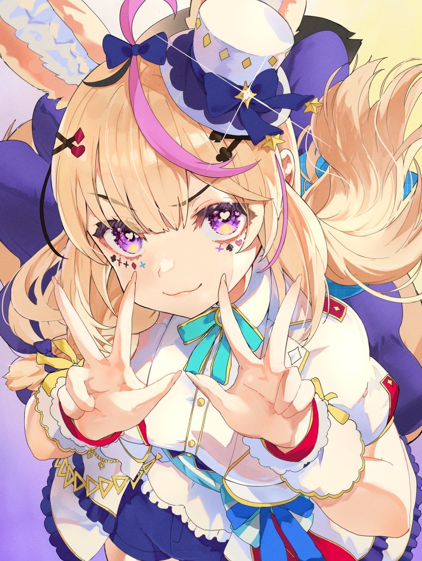 1girl :3 absurdres animal_ears black_hair blonde_hair blue_bow bow commentary_request double_w facial_mark fox_ears fox_girl from_above grey_background hair_bow hair_ornament hat heart heart-shaped_pupils highres hololive hololive_idol_uniform_(bright) long_hair looking_at_viewer mini_hat minus_zero69 multicolored_hair official_alternate_costume omaru_polka pink_hair playing_card_theme purple_eyes shorts solo sparkle star_(symbol) star_hair_ornament streaked_hair symbol-shaped_pupils virtual_youtuber w x_hair_ornament