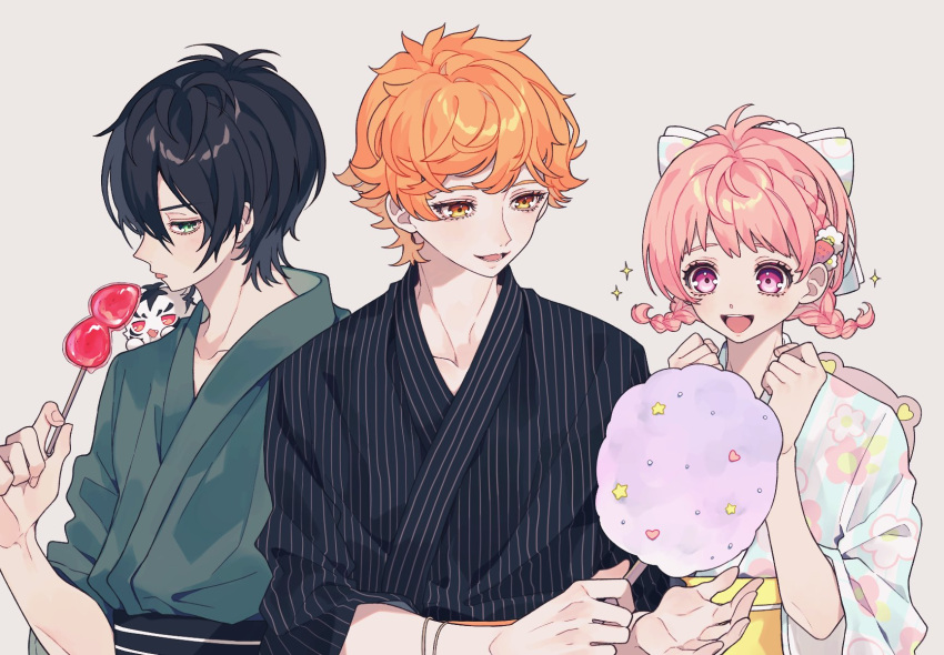 3boys ao_(ao0_0nemu) bad_id bad_twitter_id black_hair black_kimono braid commentary_request cotton_candy crossdressing floral_print_kimono food fruit glasses green_eyes green_kimono hair_between_eyes hands_up highres holding holding_food japanese_clothes juuouin_kakeru kimono king_of_prism kougami_taiga male_focus multiple_boys open_mouth orange_eyes orange_hair otoko_no_ko pink_eyes pink_hair pretty_rhythm pretty_series saionji_leo short_hair smile sparkle strawberry twin_braids upper_body yukata