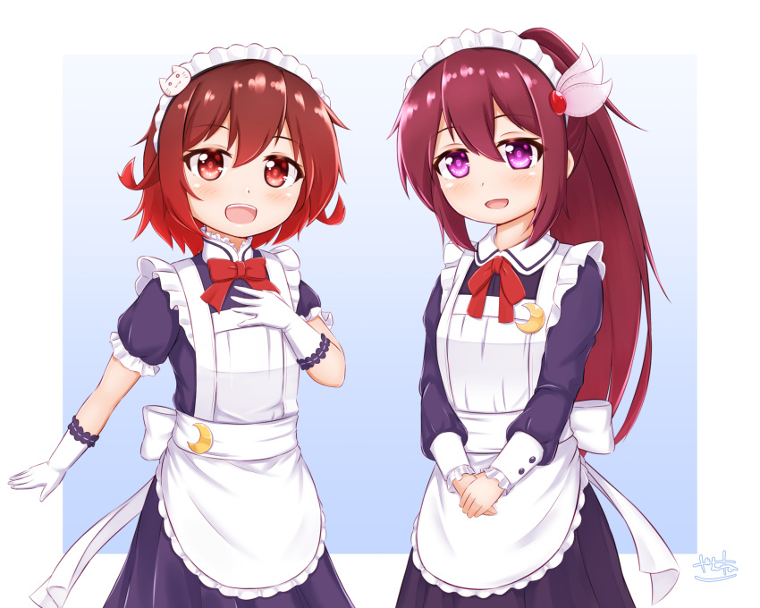 2girls alternate_costume alternate_hairstyle apron blue_background blue_dress bow bowtie brown_hair crescent crescent_pin dress enmaided frilled_apron frills gloves gradient_background gradient_hair highres kantai_collection kisaragi_(kancolle) long_hair long_sleeves maid maid_headdress multicolored_hair multiple_girls mutsuki_(kancolle) ponytail purple_eyes red_bow red_bowtie red_eyes red_hair red_ribbon ribbon short_hair white_apron white_background white_gloves zanne