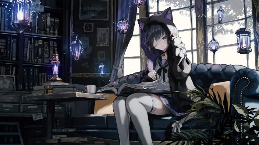 1girl animal_ears animal_hood bandage_over_one_eye bell black_hair black_hoodie book book_stack bookshelf cat_ears cat_girl cat_tail clock collar couch cup drawing_(object) floating floating_object highres hood hood_up hoodie indie_virtual_youtuber indoors kurose_kiri lantern long_sleeves magic miniskirt mug neck_bell open_book open_clothes open_hoodie picture_frame plaid plaid_skirt plant purple_eyes reading scyze short_hair sitting skirt smile solo table tail thighhighs virtual_youtuber white_thighhighs window