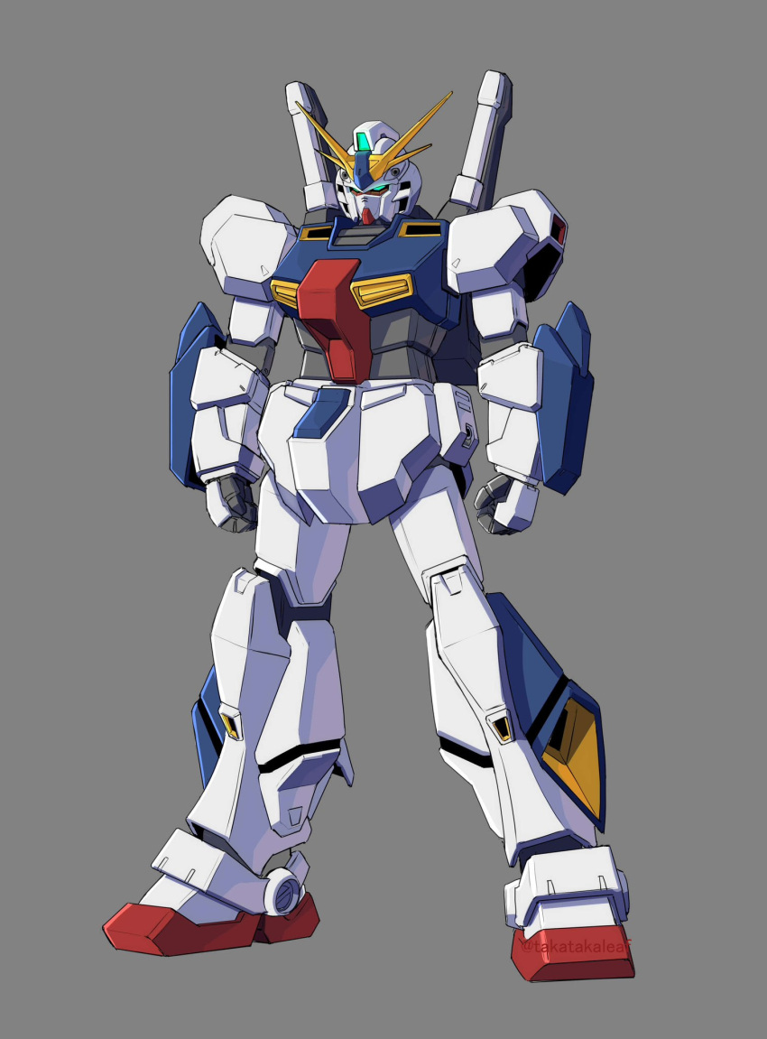 arms_at_sides clenched_hands commentary_request full_body green_eyes grey_background gundam gundam:_twilight_axis gundam_tristan highres legs_apart mecha mecha_focus mobile_suit no_humans robot science_fiction simple_background solo standing takaba_akinori v-fin